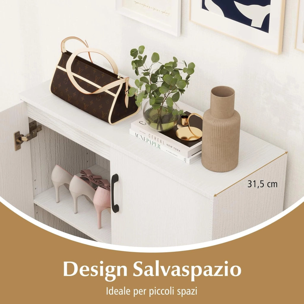 Credenza Bassa per Soggiorno con 2 Ante e Mensola Regolabile su 5 Livelli, Mobile da Cucina Moderno in Legno, Mobiletto Salvaspazio per Salotto e Ingresso, 80 x 31,5 x 82 cm (Bianco)