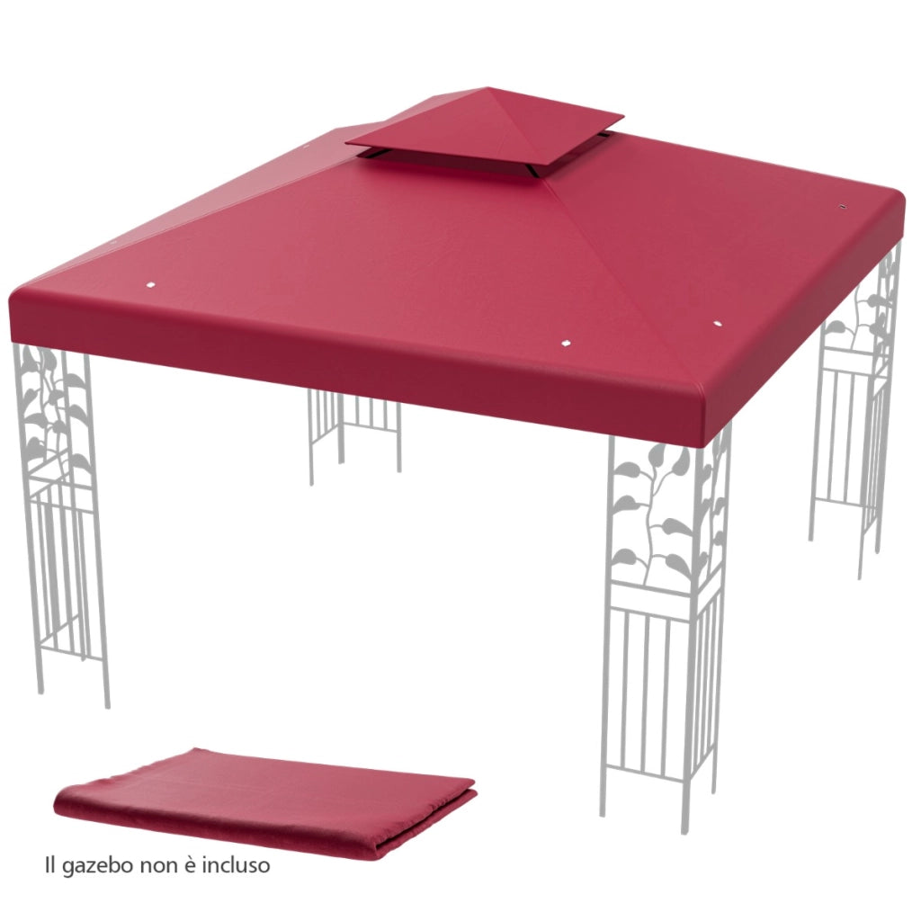 Copertura di ricambio per gazebo a 2 livelli da 300x300cm, Tettoia con fibbie in alluminio e chiusure a strappo Rosso bordeaux-Gazebo