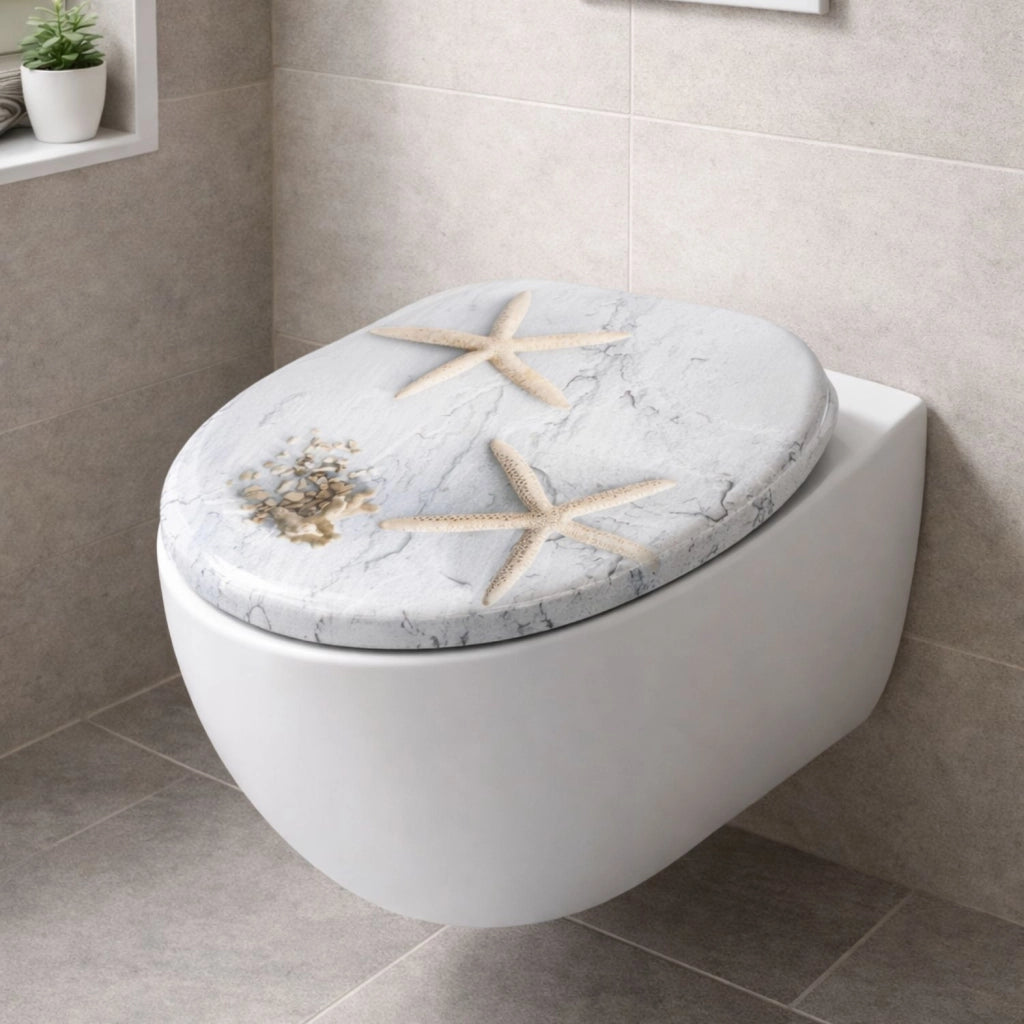 Sedile wc copri vater universale frizionato fantasia in mdf chiusura rallentata *** fantasia stelle marine, confezione 1