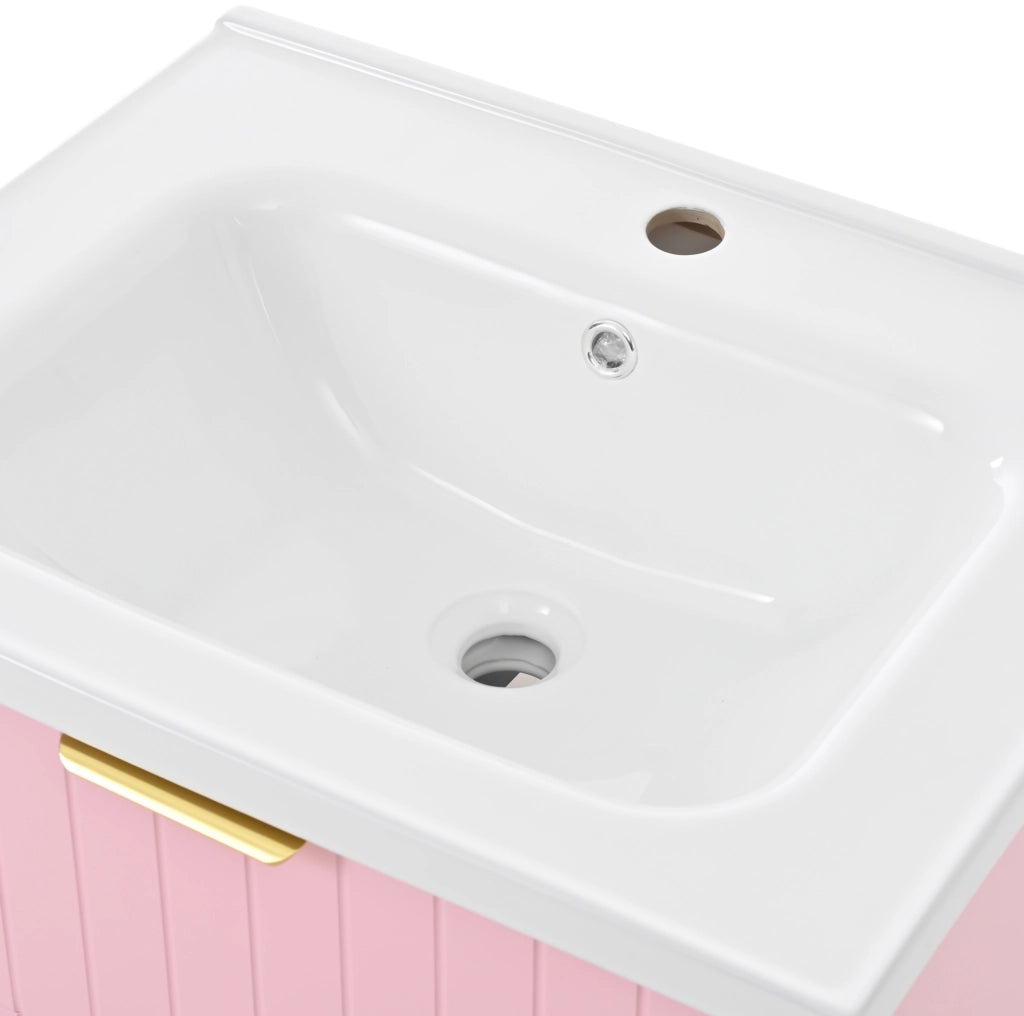 Mobiletto lavabo sospeso con lavandino in ceramica, doppio spazio, MDF, Rosa/Bianco