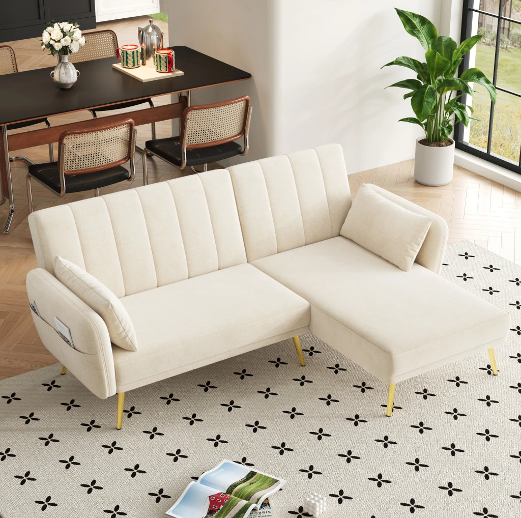 Divano angolare multifunzione con schienale reclinabile in velluto beige