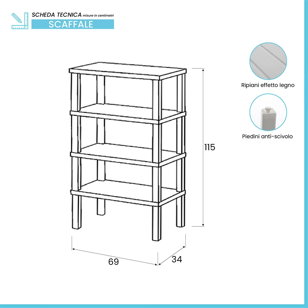Scaffale bianco con 4 ripiani effetto legno 115cm in kit di montaggio Buzz
