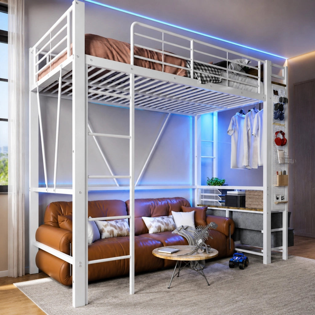 DESMIU Letto a soppalco singolo con 4 cassetti, ripiani, USB e Type-C 90 × 200 cm, senza materasso, bianco