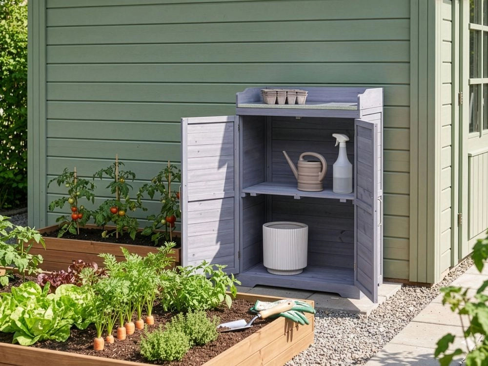 Banco da giardinaggio Legno di abete grigio Mobili da esterno Resistente alle intemperie Dimensioni compatte