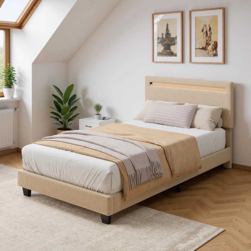 Letto imbottito 120x200cm con luce LED, Letto a piattaforma imbottito, Struttura in ferro, Testiera imbottita, Bse robusta, Adatto per camere degli ospiti (Beige)