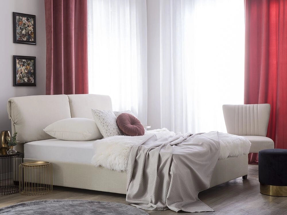 Letto Imbottito di colore Beige Effetto Lino a Doghe Gambe in Legno 180 x 200 cm matrimoniale