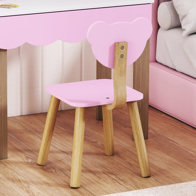 Tavolino da trucco per bambini con sgabello, specchio a forma di orsetto, cassetto, MDF, rosa