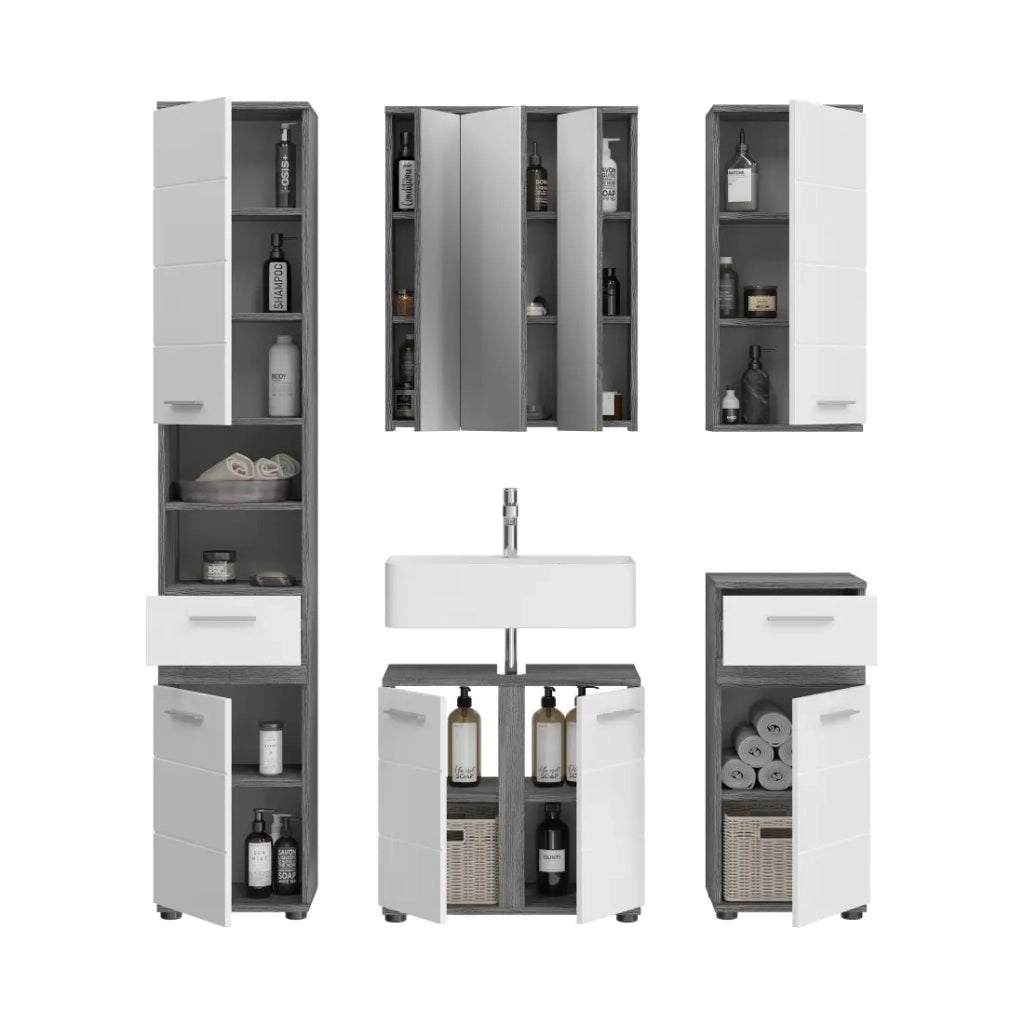 Set di mobili da bagno WILLIAM – Grigio scuro e bianco – 164x191x34 cm – 6 porte, 2 cassetti