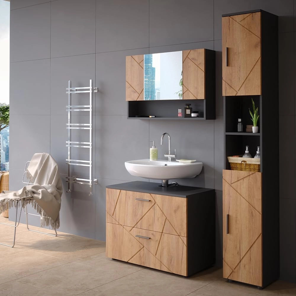 Set mobili bagno Irma, Quercia dorata/antracite, 80 cm, composto da mobile sottolavabo, specchiera e colonna alta