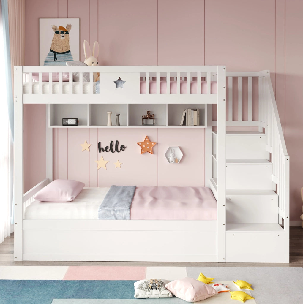 Letto a castello 140x200 cm in legno bianco con contenitore idraulico; ripiani e scala