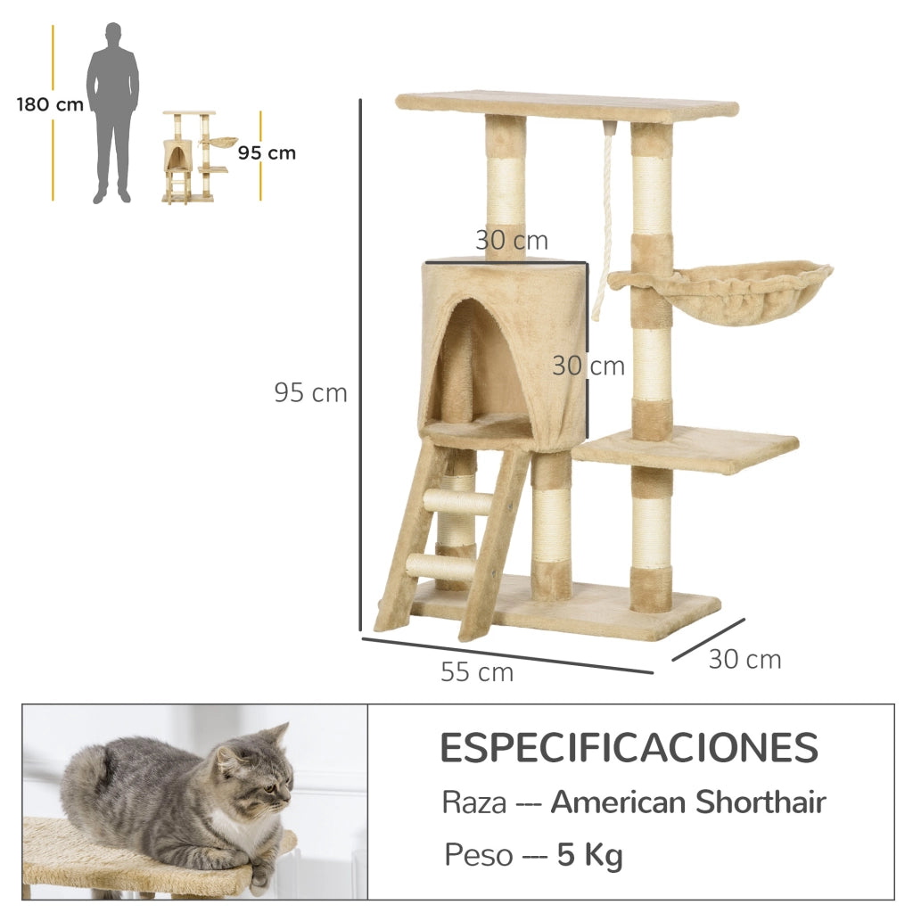 Albero tiragraffi per gatti con piattaforma e casetta ¨C zephmum ¨C Marrone 55x30x95 cm