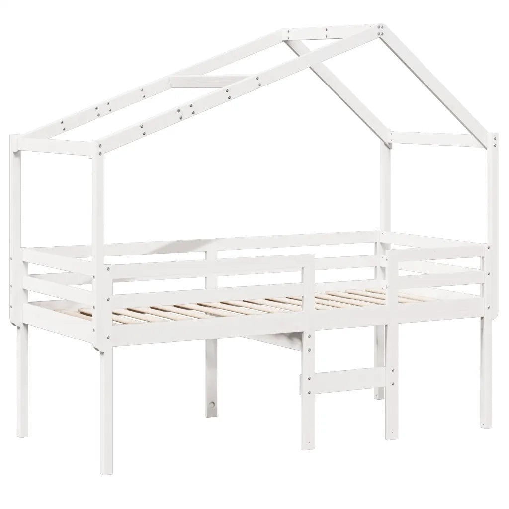Letto singolo | Letto per adulti | Letto a Soppalco con Tetto Bianco 90x200 cm Legno Massello Pino
