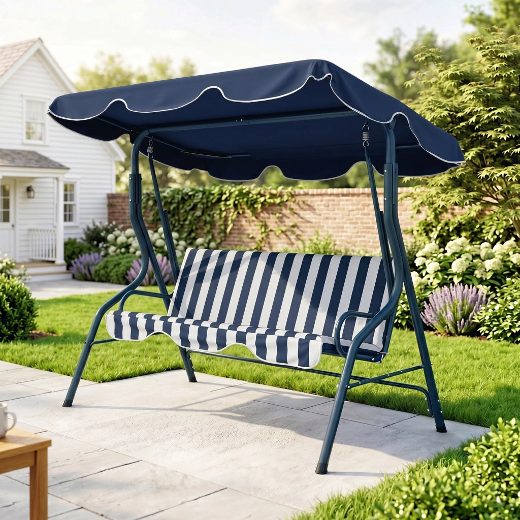 Divano da giardino 3 posti ¨C zephmum ¨C Cuscini blu e bianco, Toiletto impermeabile