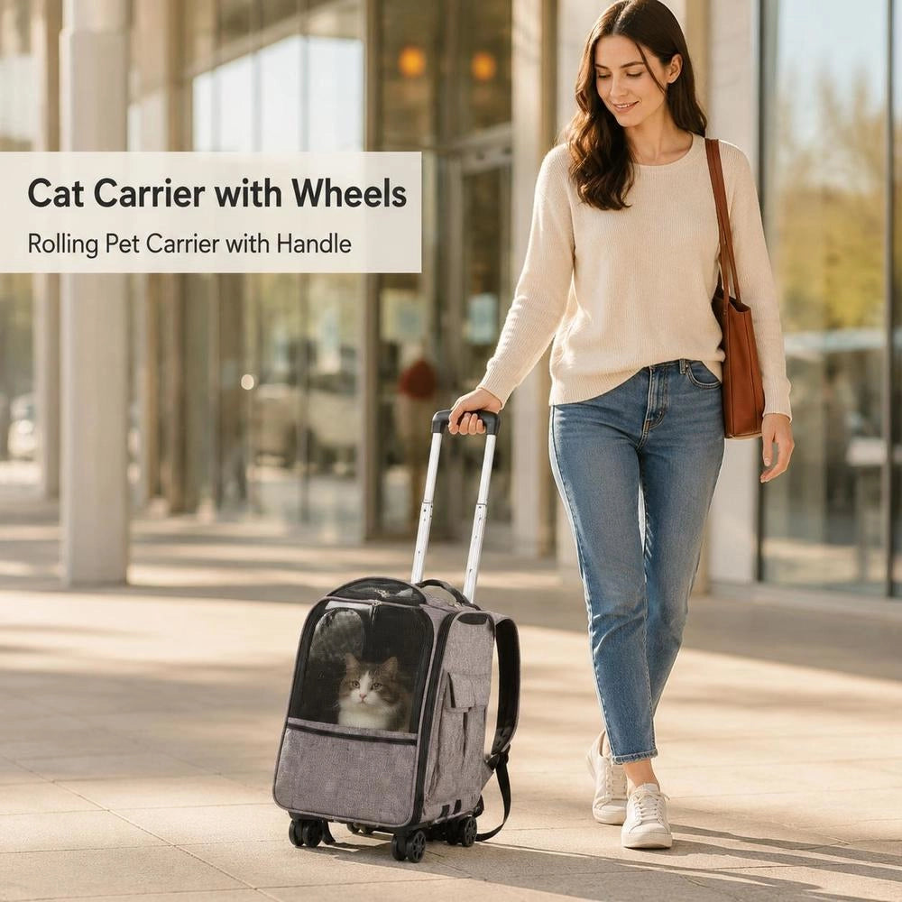 Wheeled Rolling Pet Carrier, 600D Oxford Fabric Cat Bag With Three-Sided Mesh Windows, Sturdy And Portable For Car Travel And Vet Visits, Gray, Holds Up To 18 Lbs