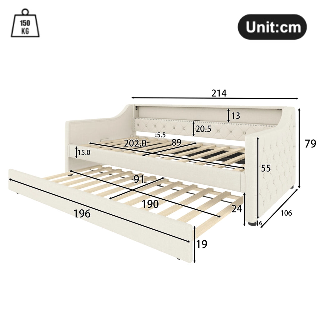 Daybed 90 x 200 cm con letto estraibile; LED controllabile via app e porte USB beige