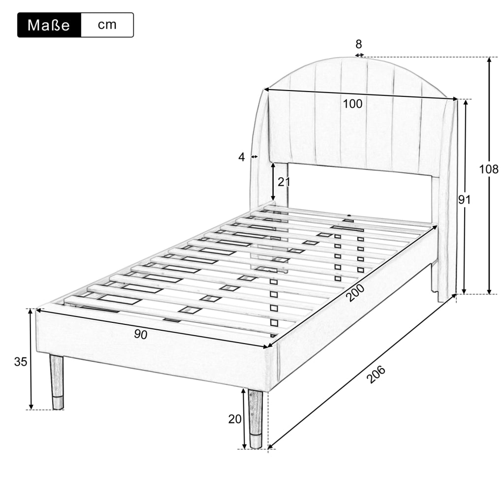 Letto imbottito singolo 90x200 cm in velluto rosa con rete a doghe e testiera