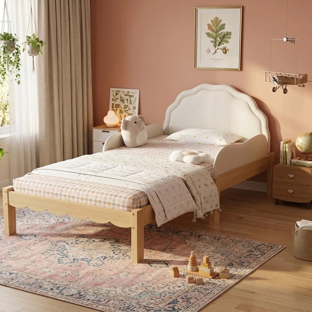 Letto imbottito per bambini con testiera in PU e sponde, 90x200 cm, beige