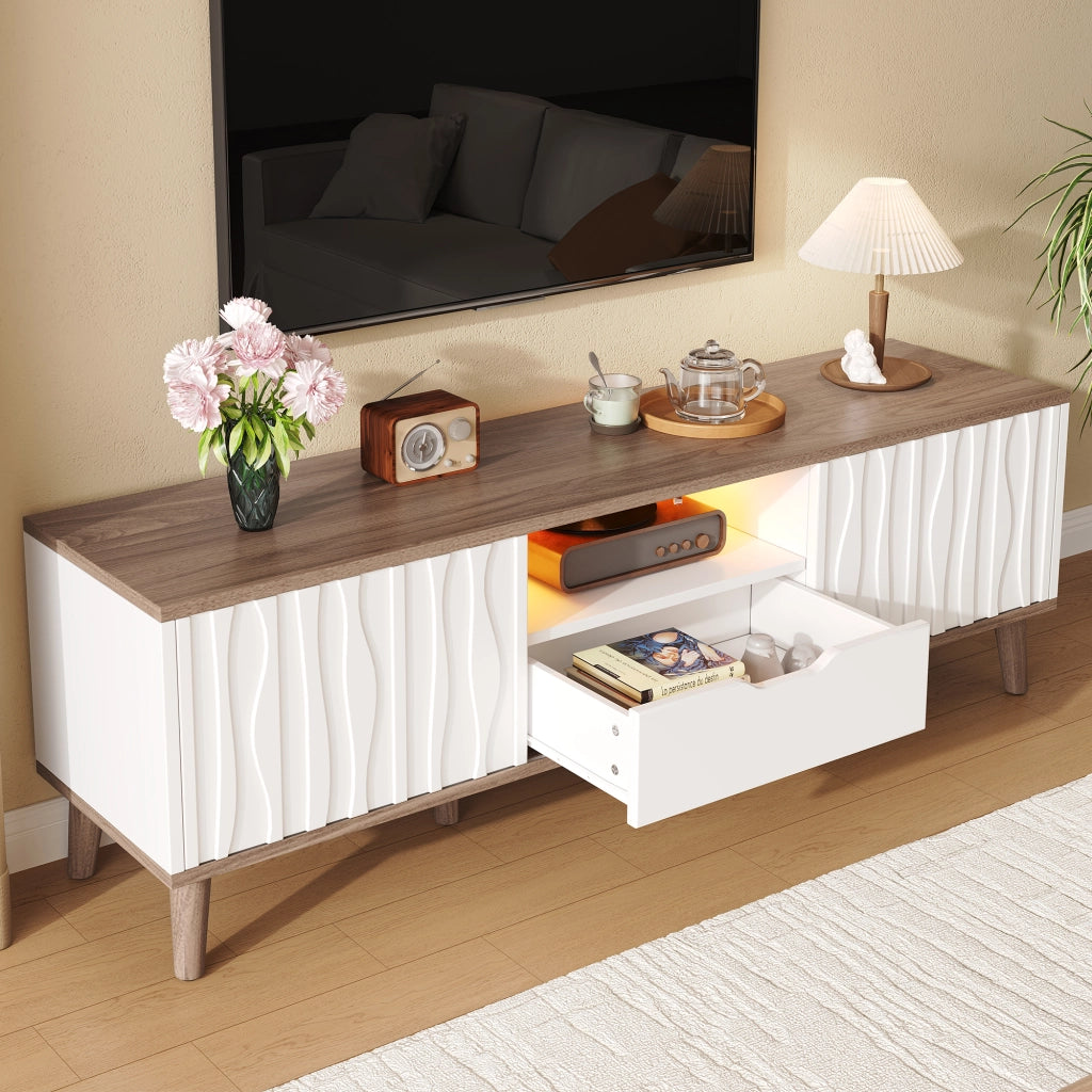 Cassettiera per TV bianca e noce scuro in MDF e truciolare; lunghezza 160 cm