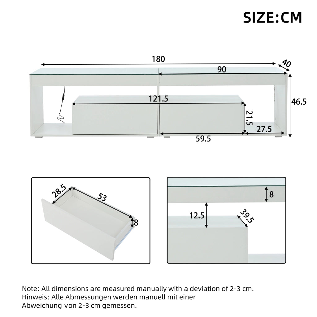 Mobile porta TV con LED, 2 cassetti e ripiani in vetro temperato, per soggiorno, in truciolare, bianco, 180 × 40 × 46 cm