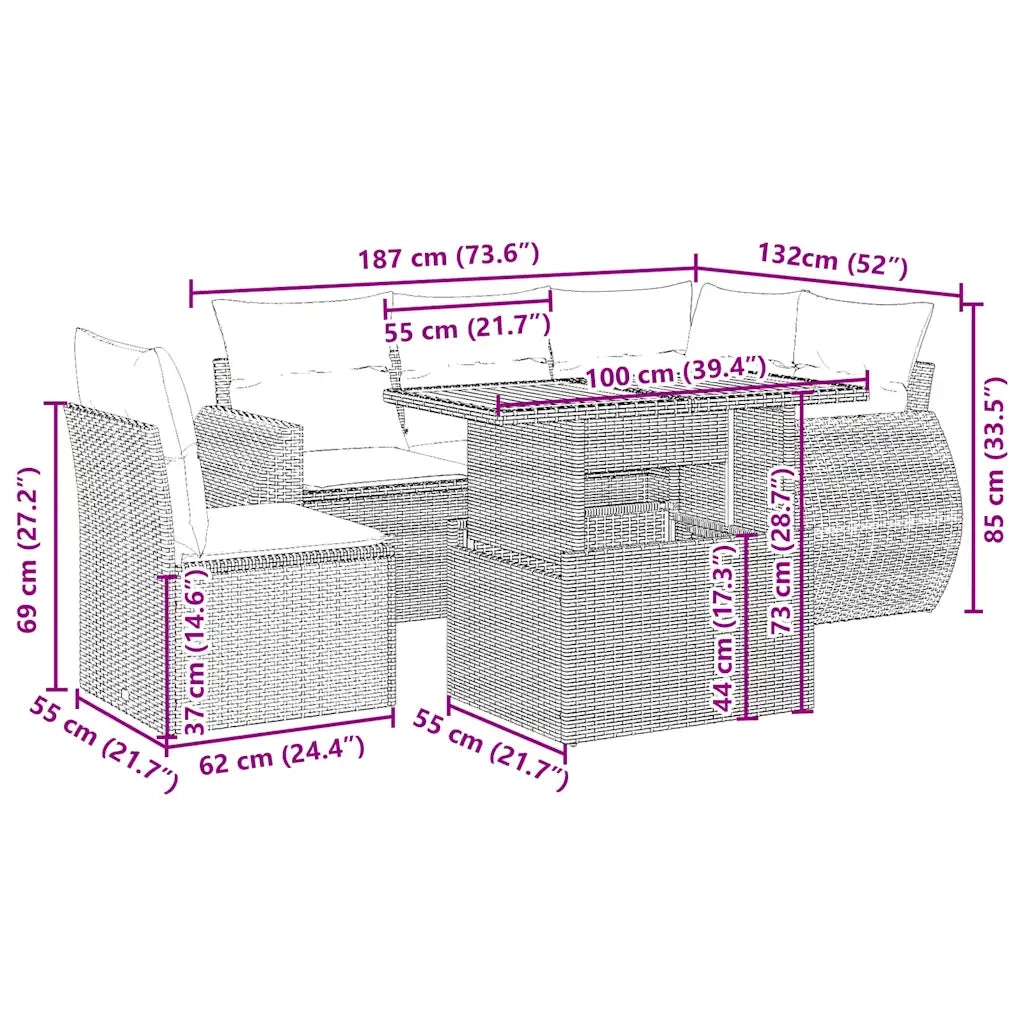 Set Divano da Giardino 6 pz con Cuscini Beige in Polyrattan