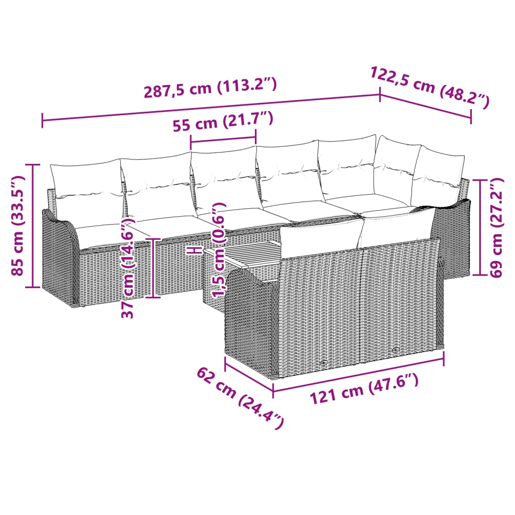 Set Divano da Giardino 9 Pezzi con Cuscini Beige Polyrattan Acacia