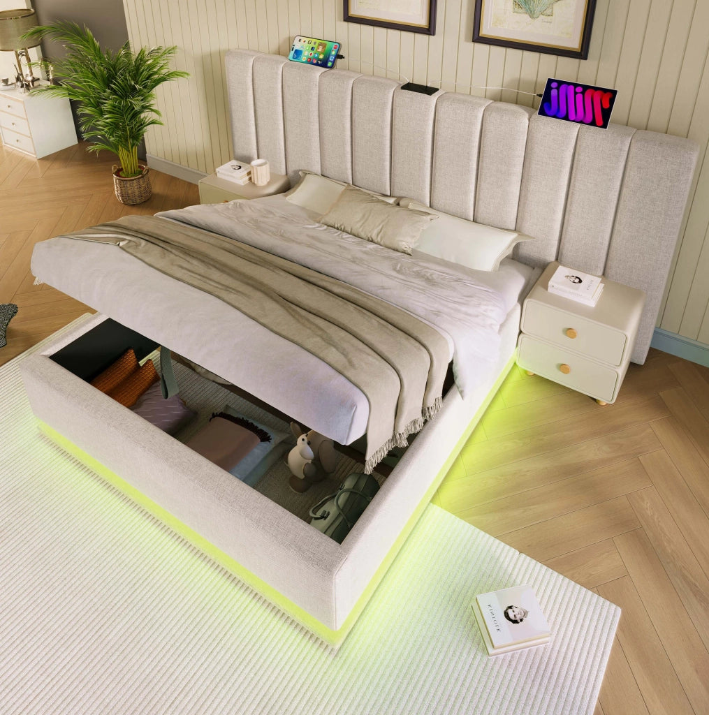 Letto matrimoniale 160x200 cm con contenitore; LED 360掳; ricarica USB e Type-C; lino beige