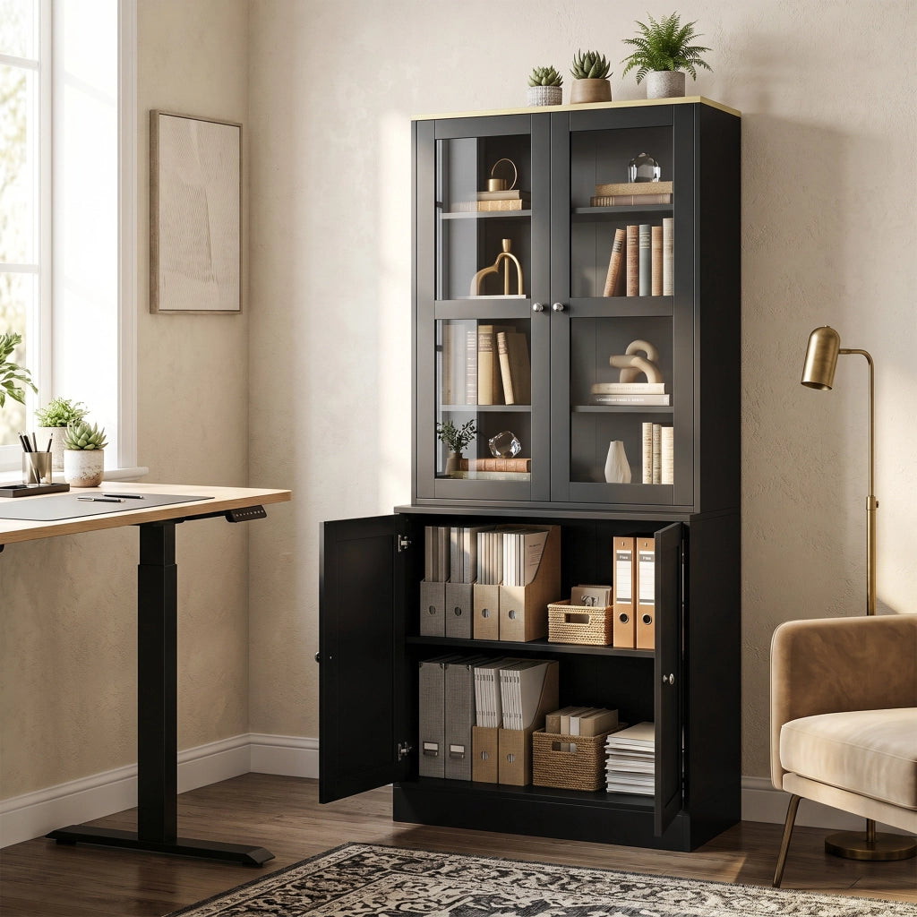 Libreria con ante in vetro ¨C Xylo ¨C 6 ripiani, 4 porte, nero