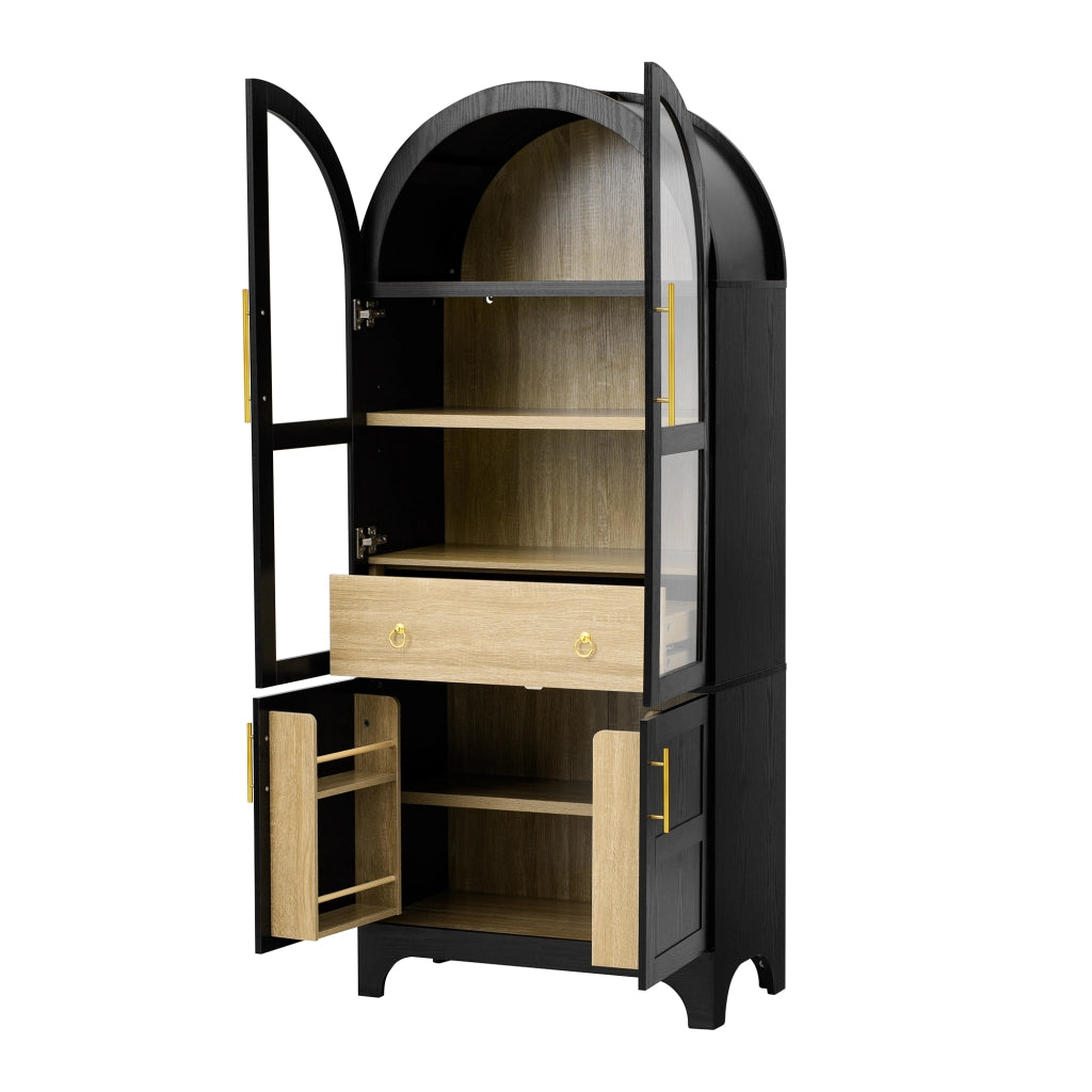Credenza Alta Nera 180 cm con Ante in Vetro Cannelé; Ripiani Regolabili e Cassetto Portaoggetti per Cucina