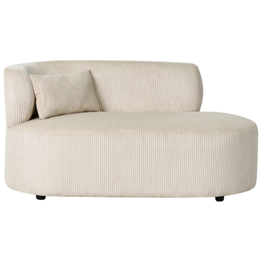 Chaise longue con rivestimento in velluto a coste beige e cuscino decorativo lato sinistro