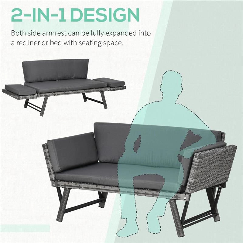 DIVANO DA GIARDINO 2 POSTI IN RATTAN CON IMBOTTITURA E BRACCIOLI RIBALTABILI, 129X63X67CM, GRIGIO