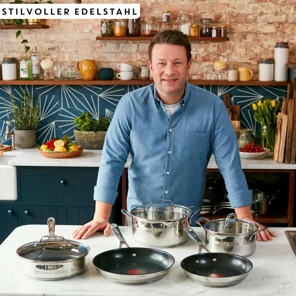 Jamie Oliver Cook Smart - Set di padelle da 20/24/28 cm, E310S3, in titanio sicuro, 2 rivestimenti antiaderenti, termo-segnale, tecnologia a induzione integrale termofusione, manico ergonomico