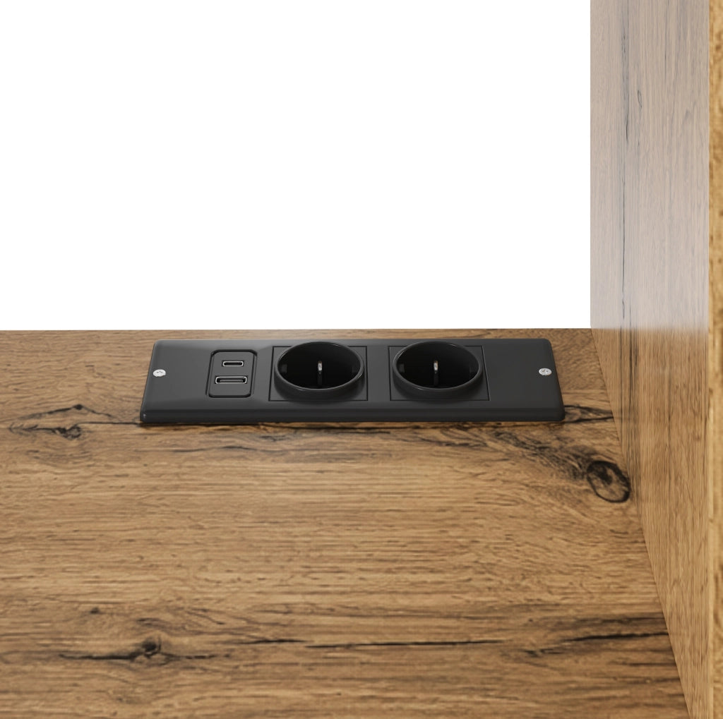 Credenza alta 100x40x185 cm rovere con LED, prese e ante in vetro