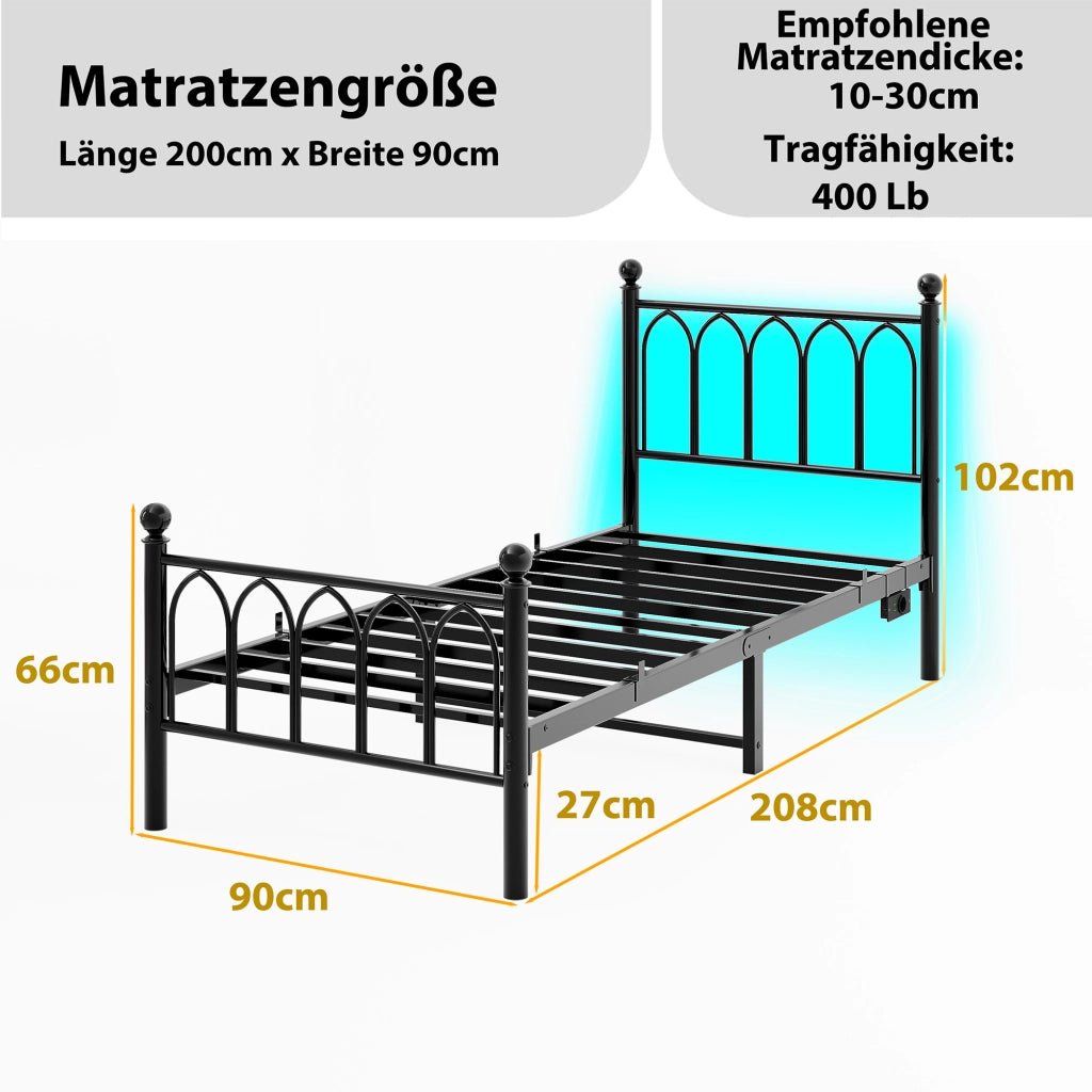LETTO in metallo 90x200 cm Nero con LED, USB e presa, senza materasso