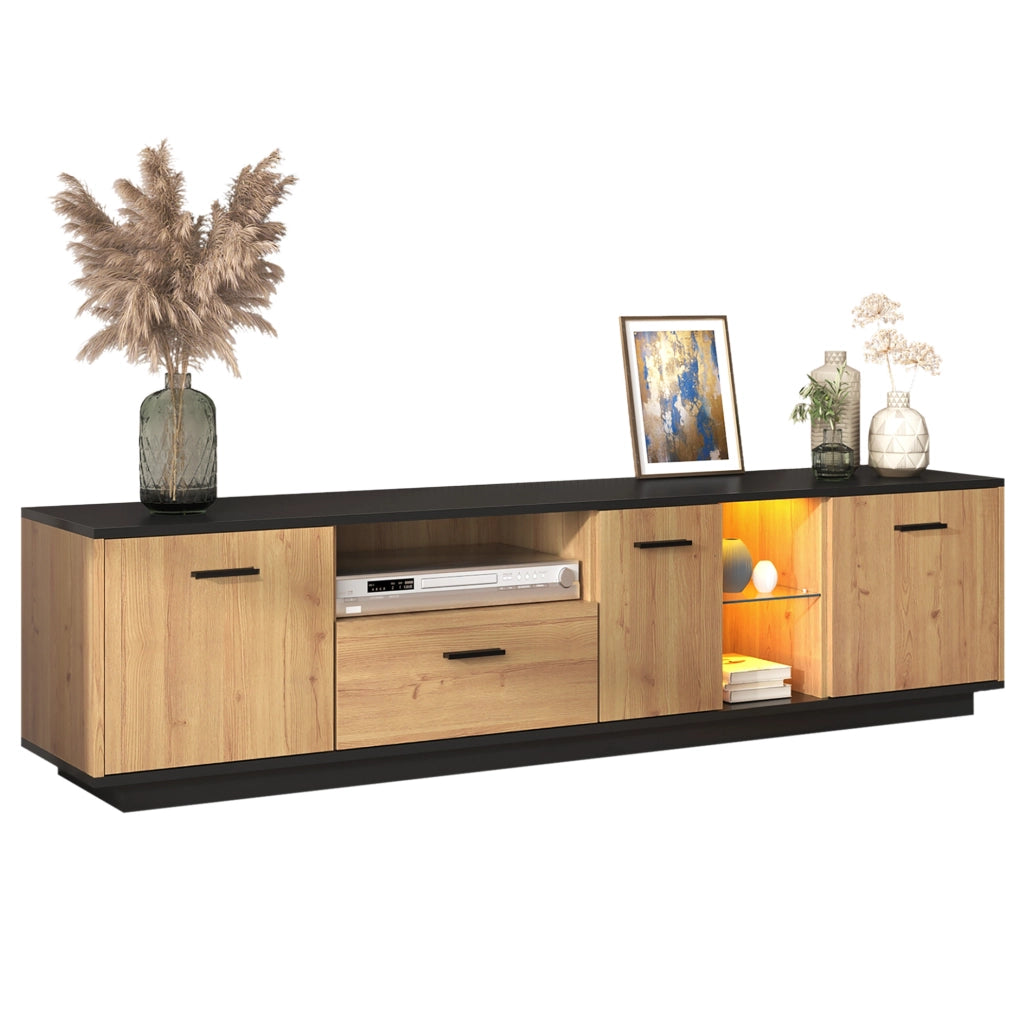 Mobile TV 180 cm nero e legno con LED, 3 ante e cassetto