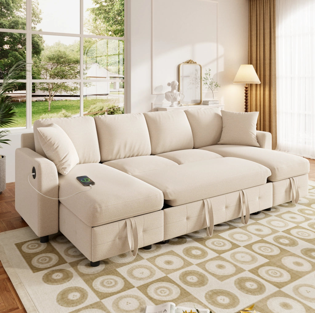 Divano letto estraibile con 2 chaise longue contenitore; USB e Type-C; Chenille beige; 260x128x82 cm
