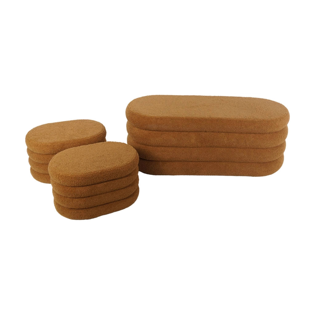 Panca contenitore con 2 pouf contenitori bouclé, color ruggine