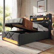 Letto singolo 90x200 cm in lino grigio con materasso; testiera con USB e LED