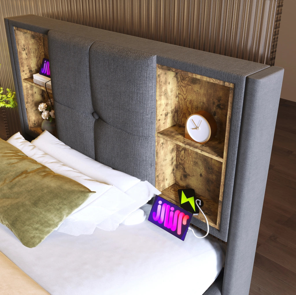 Letto singolo imbottito 90x200 cm grigio in cotone con contenitore; ricarica wireless e USB