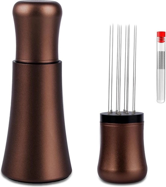 Strumento di distribuzione per caffè a ago RVS da 0,35 mm x 10 ago di ricambio per strumento di distribuzione per caffè, manico di sostituzione in alluminio con piedistallo (mattone marrone)