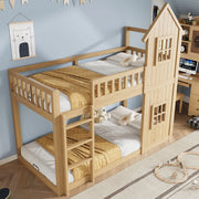DESMIU Lit superposé per bambini 90 × 200 cm 2 posti con casetta, finestra, scala a 3 gradini, senza materasso, legno naturale