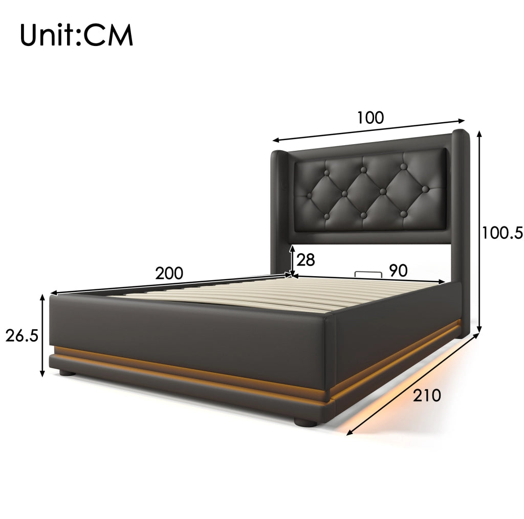 Letto singolo contenitore 90x200 cm nero PU con LED e USB-C