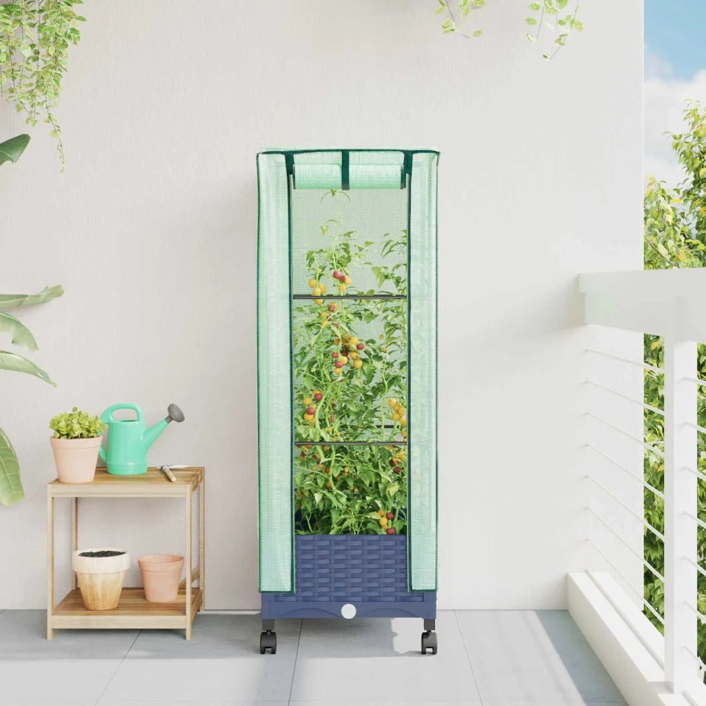Vaso da Giardino con Copertura per Serra e Ruote Blu Grigio PP 3422926