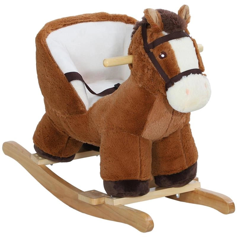 CAVALLO A DONDOLO PER BAMBINI 18-36 MESI CON SUONI BASE IN LEGNO E CINTURA DI SICUREZZA 68X33X45 CM MARRONE