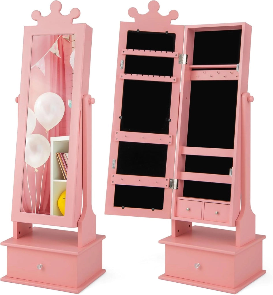 Armadio Gioielli per Bambini con Specchio, Armadietto Portagioie da Terra per Bambini con 3 Cassetti, per Bambini 3+ Anni, Ideale per Camera da Letto