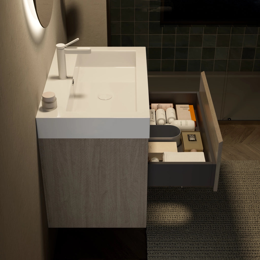 Mobile sottolavabo con lavabo integrato in resina, 1 cassetto e vano aperto, effetto rovere chiaro, 70 × 46 × 60 cm