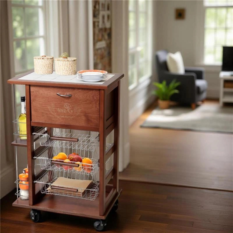 CARRELLO VESUVIO PORTAPANE+PORTABOTTIGLIE NOCE IN FAGGIO BASE INFERIORE MULTISTRATO DI BETULLA 1 CASSETTO 3 CESTELLI PIANO MATTONELLE IN CERAMICA