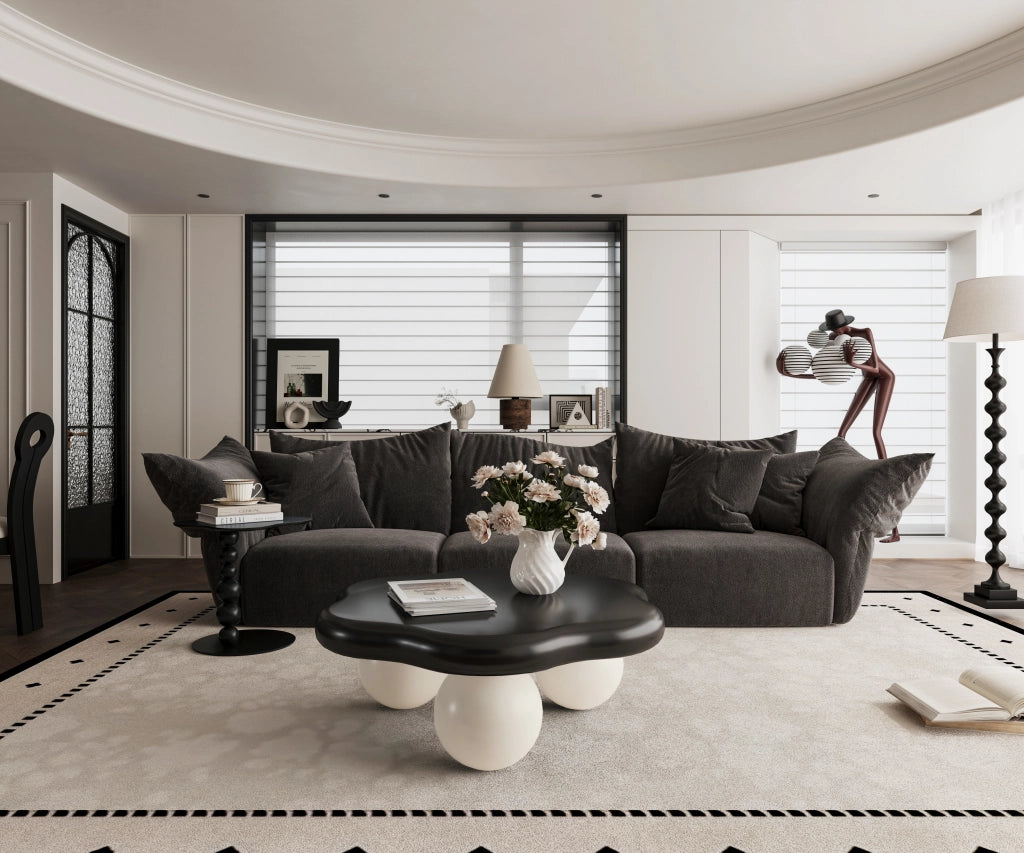 Tavolino basso a forma di nuvola con 1 piano, per soggiorno, in MDF e plastica, nero e bianco, Ø80 × 35 cm