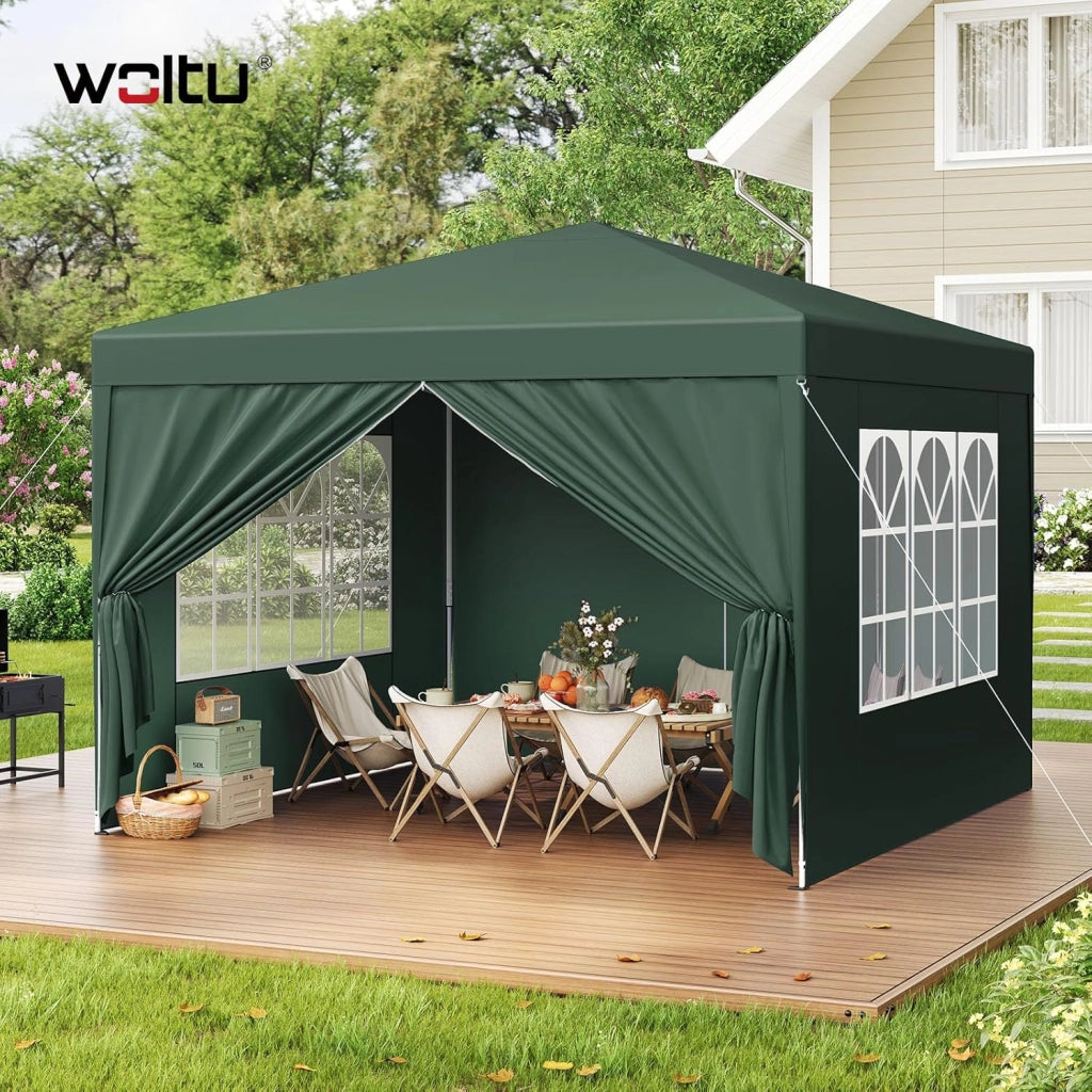 Gazebo da Giardino Richiudibile 3x3m Gazebo da Esterno Ferro Regolabile in Altezza Tendone Pieghevole con Telo Idrorepellente, Protezione Solare, Facile Montare Verde