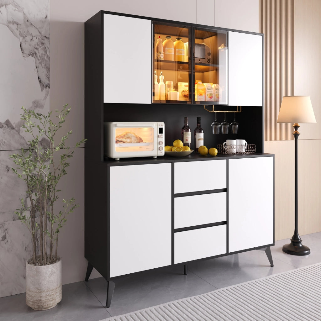 Hochschrank con vetrina in vetro, LED regolabile via app, 2 ante, 3 cassetti, MDF nero e bianco