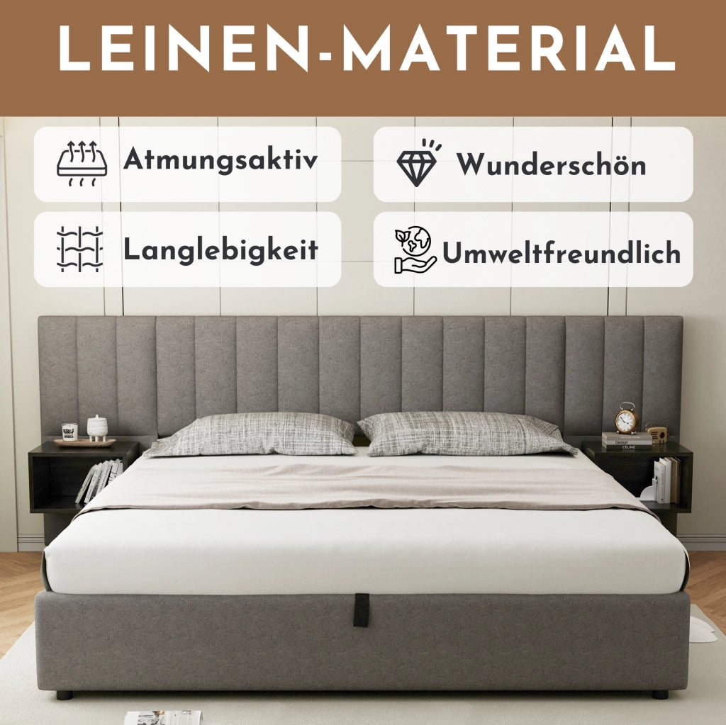 Letto matrimoniale 160x200 cm con contenitore idraulico e 2 comodini; in lino grigio e nero